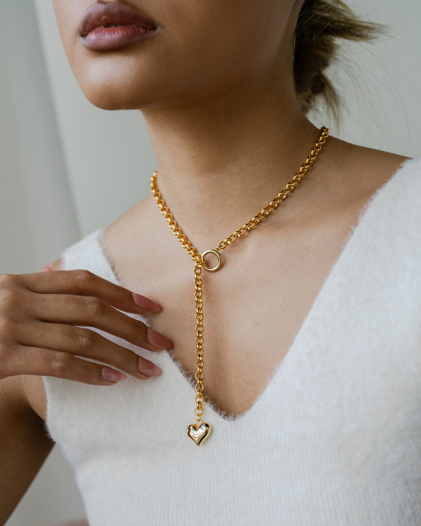 Gold Heart Charm Y Chain Necklace