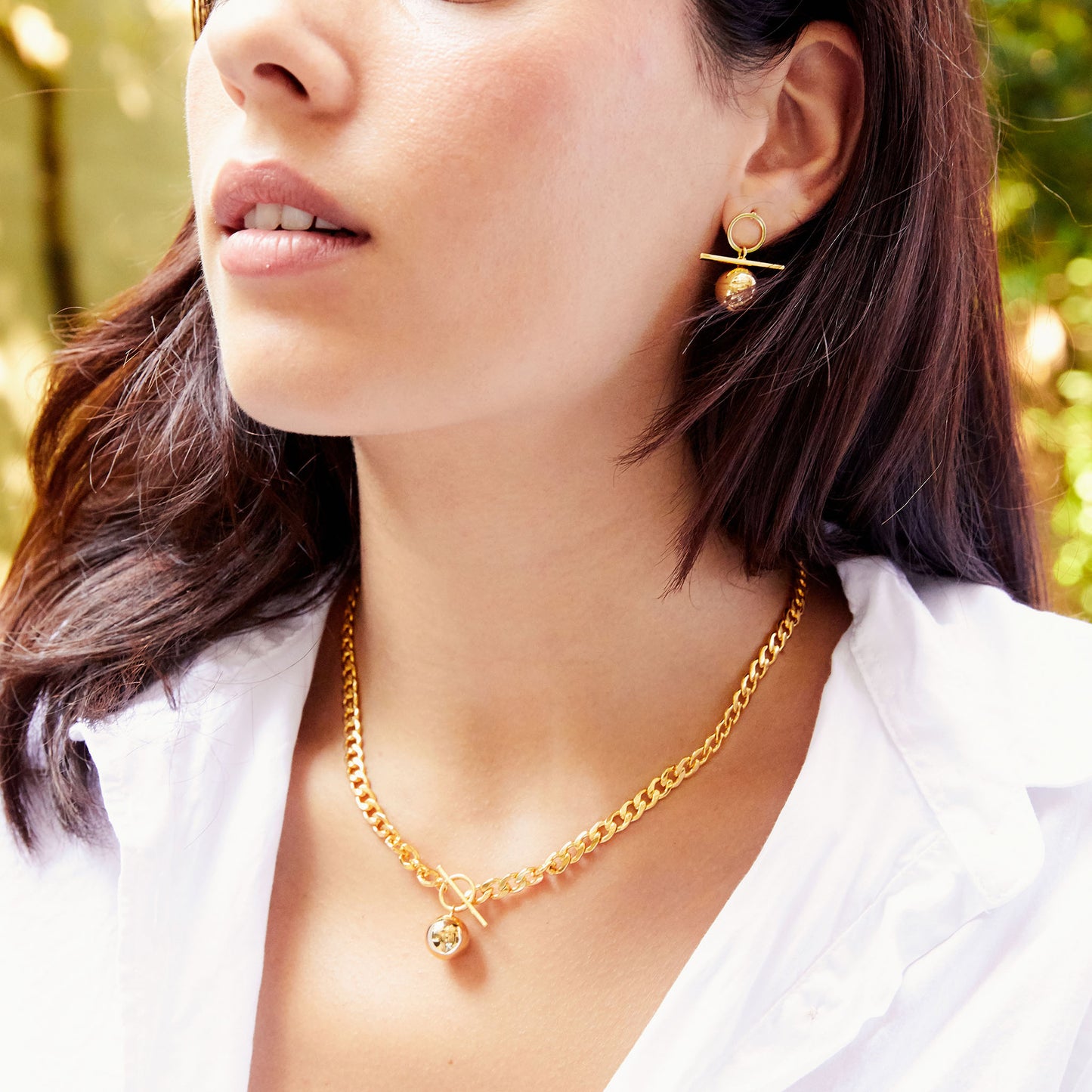 Gold Ball Pendant Curb Chain Necklace