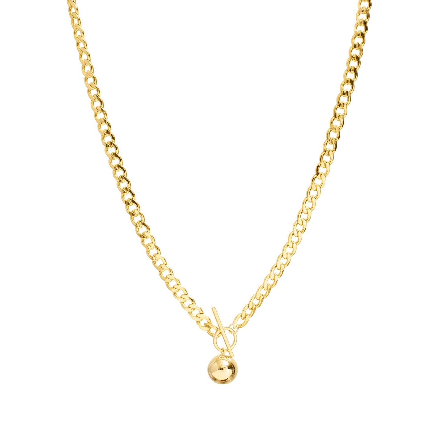 Gold Ball Pendant Curb Chain Necklace