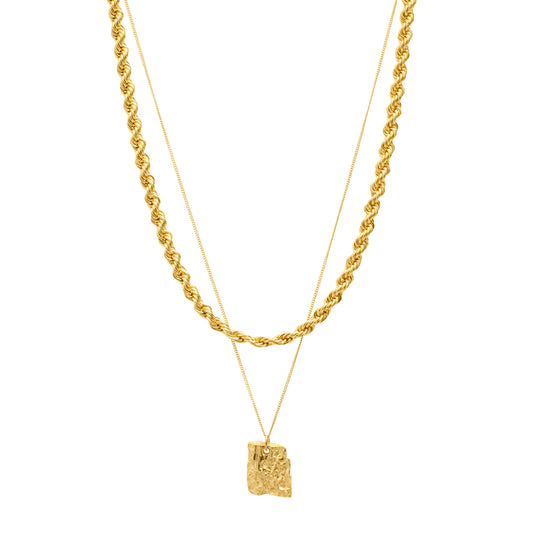 Gold  Layering Necklace  Rope Chain Vintage Square Pendant