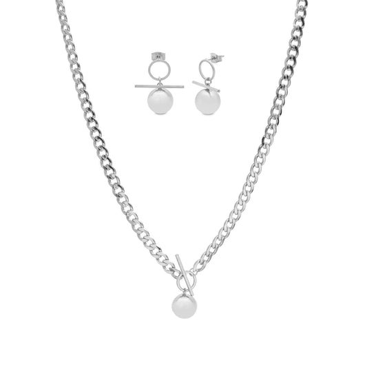 Silver Ball Pendant Earrings Necklace Set
