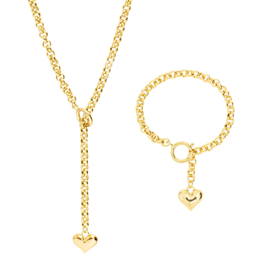 Gold Heart Pendant Bracelet Necklace Set