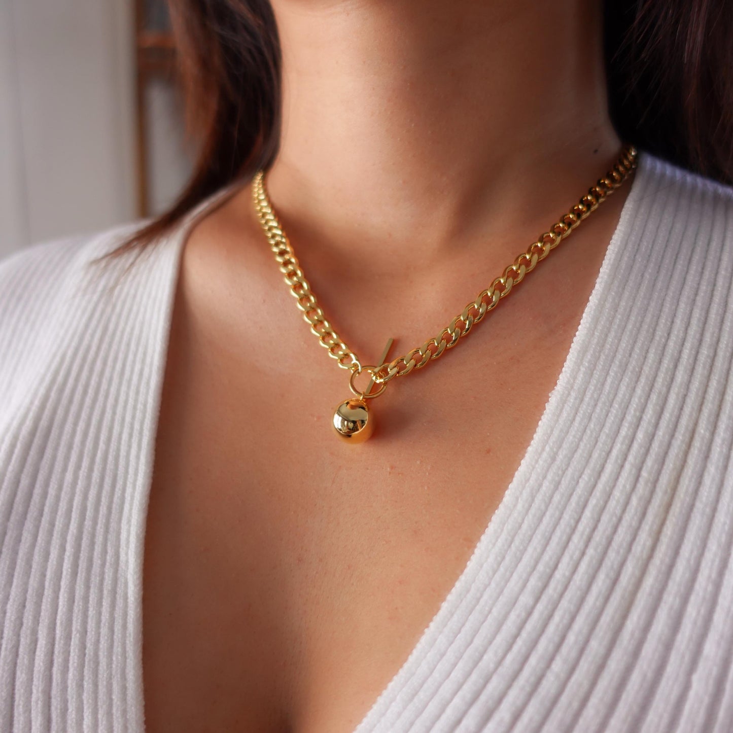 Gold Ball Pendant Curb Chain Necklace