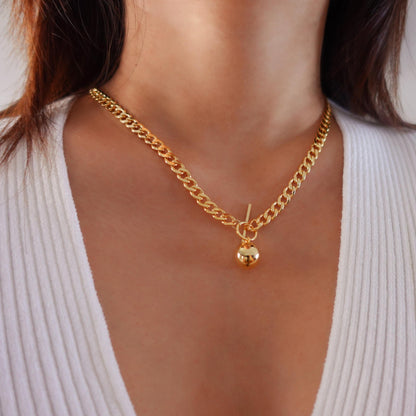 Gold Ball Pendant Curb Chain Necklace